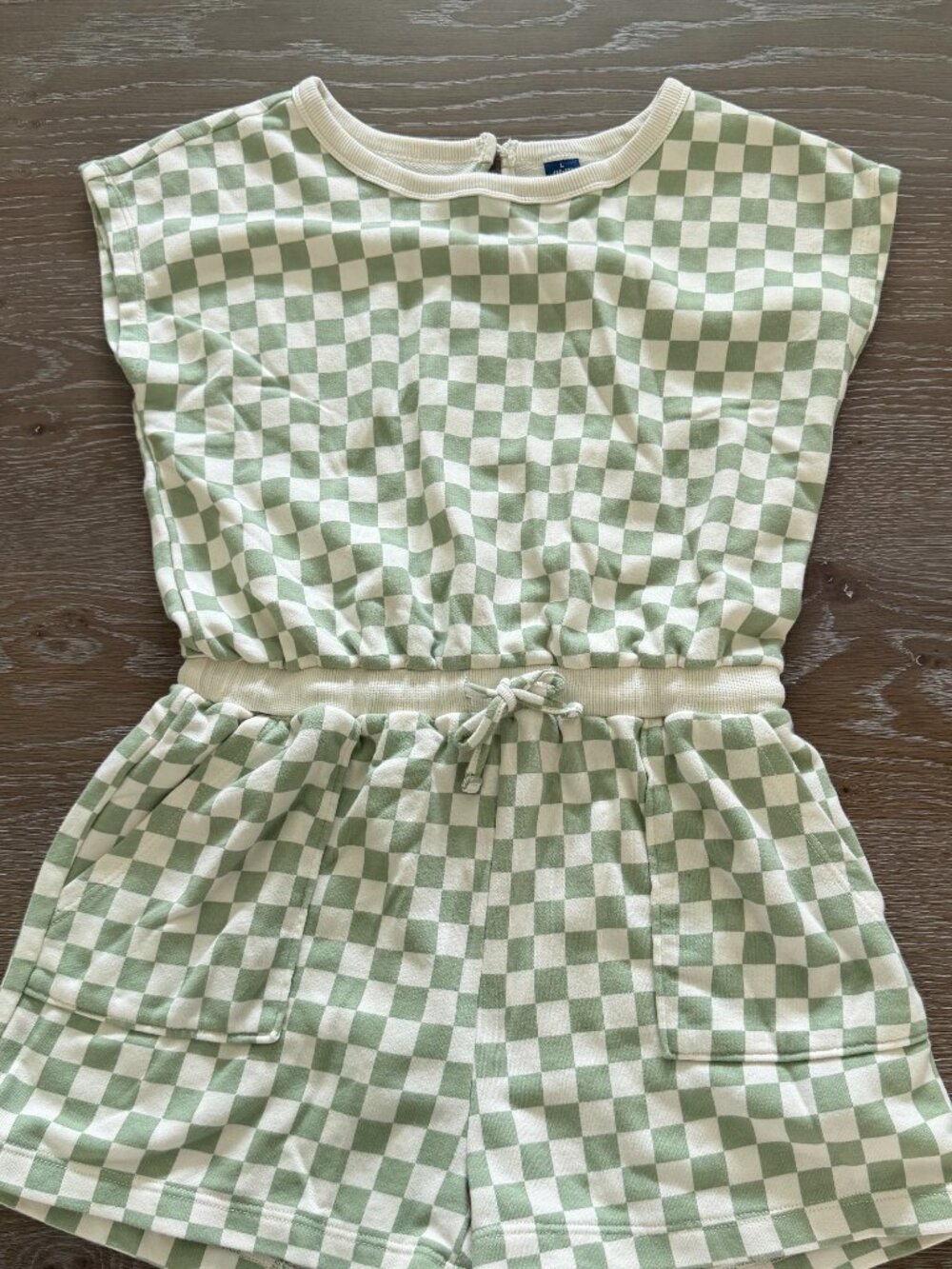 Girls Old Navy green/ivory checkered short romper size large 10/12